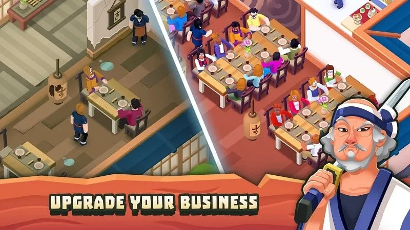 Screenshot displaying the upgrade options available in Sushi Empire Tycoon.