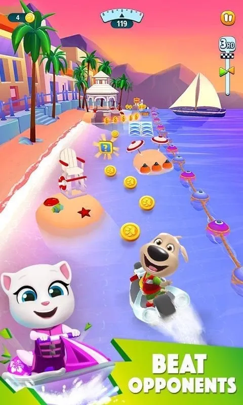 Jugabilidad de Talking Tom Jetski 2 mostrando los personajes disponibles.