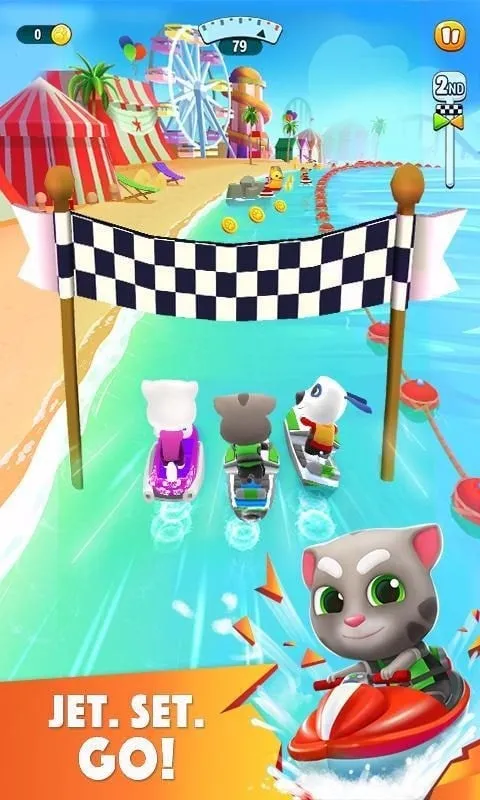 Mejorando jet skis en Talking Tom Jetski 2 usando el mod de dinero infinito.