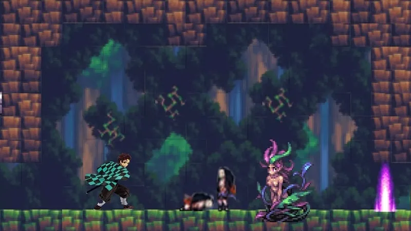 Tanjiro standing triumphantly amidst defeated pixel art demons.
