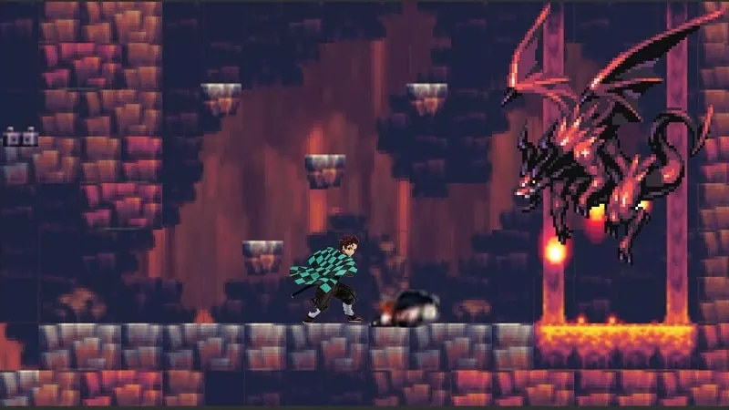 Tanjiro fighting a demon in a pixel art style.