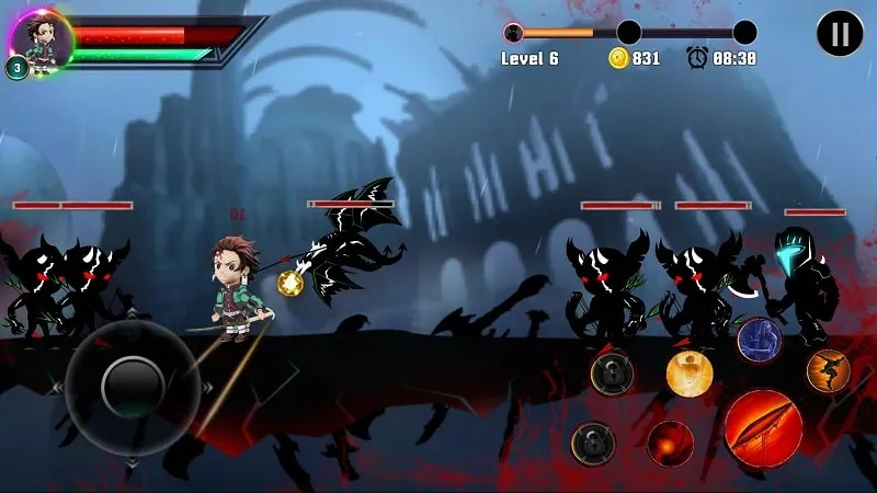 Captura de tela da jogabilidade de Tanjiro Nezuko Zenitsu Fighting Game mostrando o combate contra um demônio.