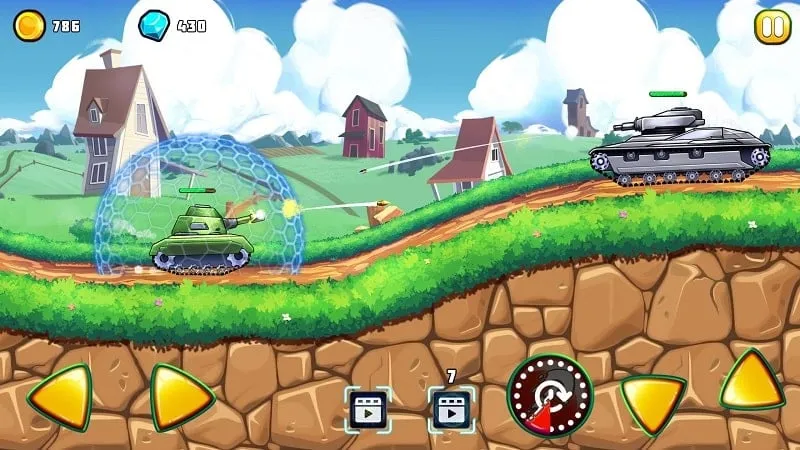 Gameplay screenshot of Tank Attack 4 showcasing the Dumb Enemy MOD feature in action.