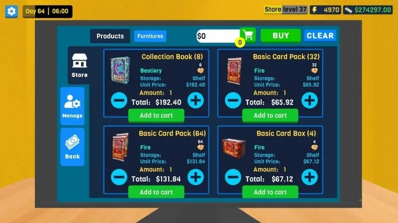 Managing resources and inventory in the game.