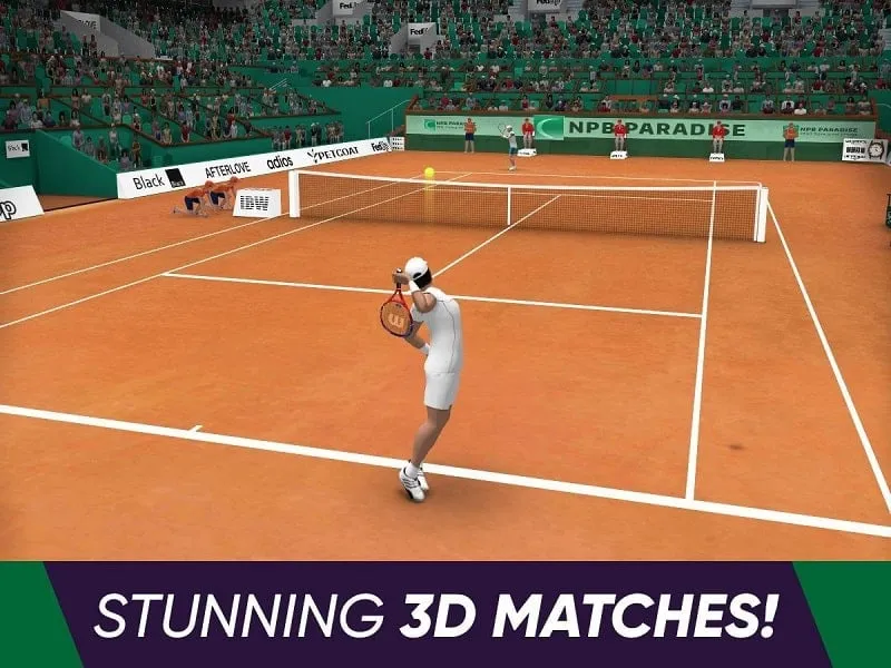 Tangkapan layar gameplay Tennis World Open 2021 yang menampilkan fitur mod.