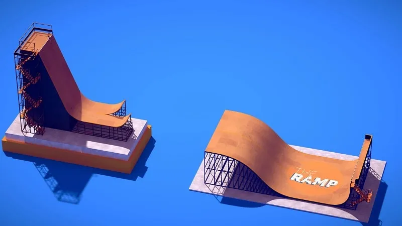 Captura de pantalla de The Ramp que muestra a un skater en el aire, realizando un truco en un escenario de halfpipe.