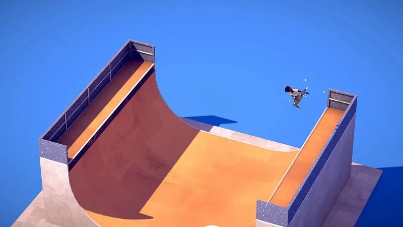 Captura de pantalla del juego móvil The Ramp que muestra a un skater ejecutando un truco en un entorno único.