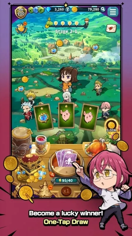 Screenshot gameplay The Seven Deadly Sins IDLE Mod dengan tampilan karakter dan fitur dalam game.