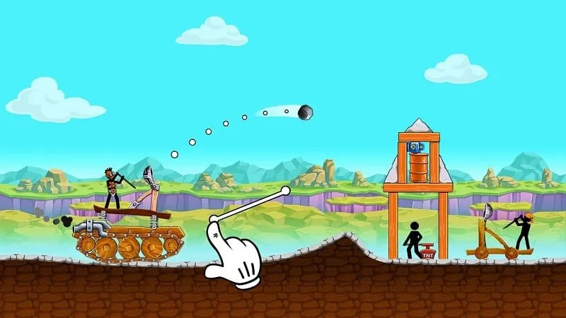 Gameplay screenshot of The Tank showing the aiming mechanism and an enemy stickman.