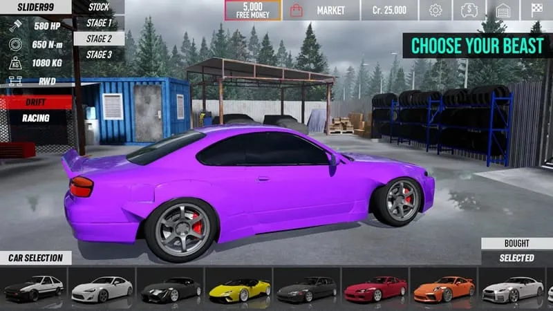 Tangkapan layar gameplay The Touge Mod APK yang menunjukkan fitur uang tak terbatas.