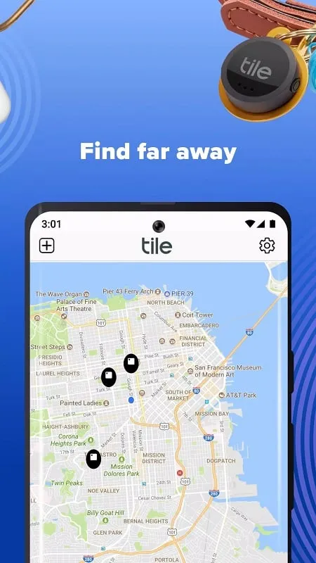 Tile app interface with find far away feature