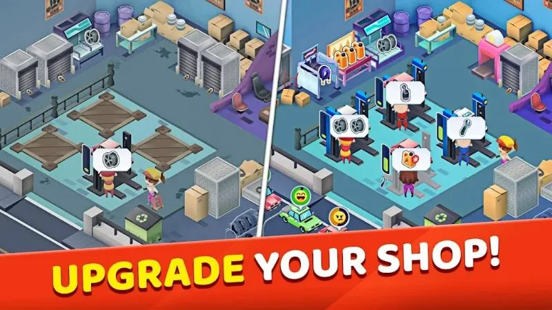 Screenshot of Tiny Auto Shop 2 gameplay showcasing the garage upgrade feature.