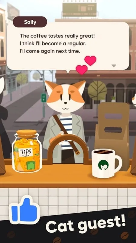 Screenshot yang menampilkan fitur uang tak terbatas di Tiny Cafe MOD APK.