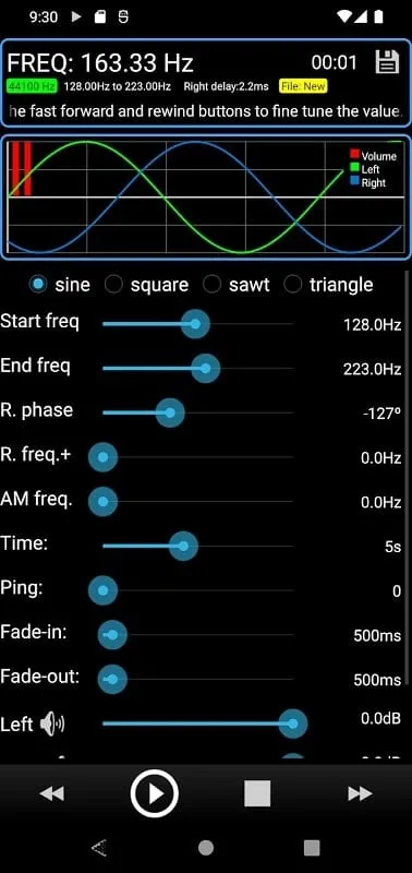 APK del mod Tone Generator PRO mostrando opciones de frecuencia