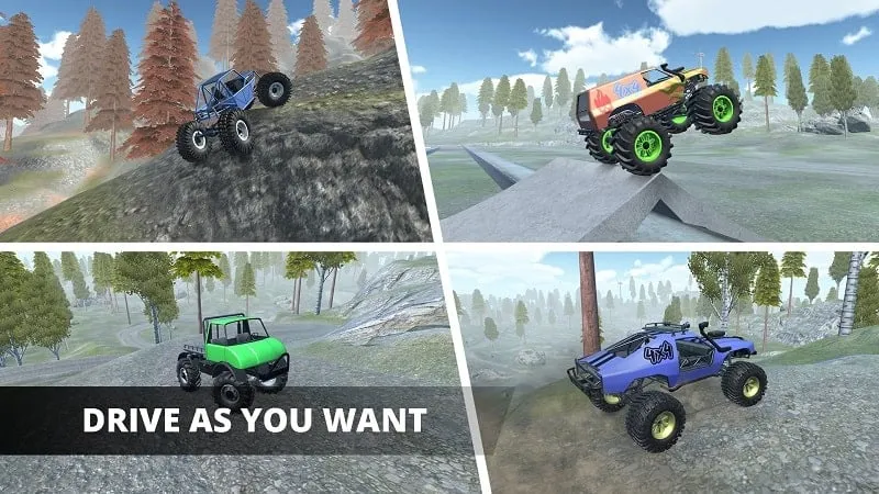 Mengemudi melalui lingkungan hutan yang rimbun di Torque Offroad, memamerkan visual game.