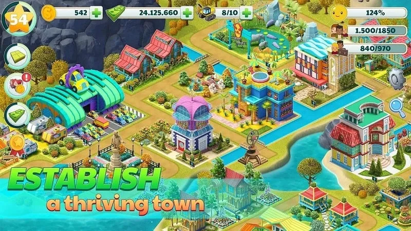 Ảnh chụp màn hình game Town City hiển thị các tùy chọn xây dựng đa dạng.