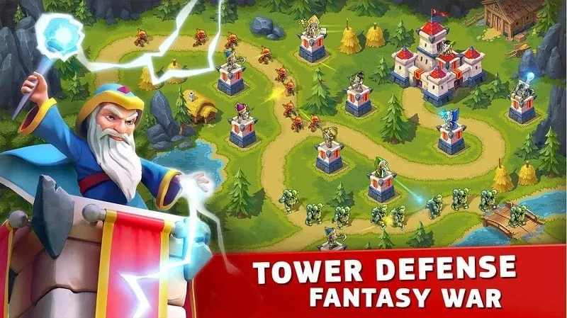 Gameplay de Toy Defense Fantasy mostrando a interface do jogo com dinheiro infinito.