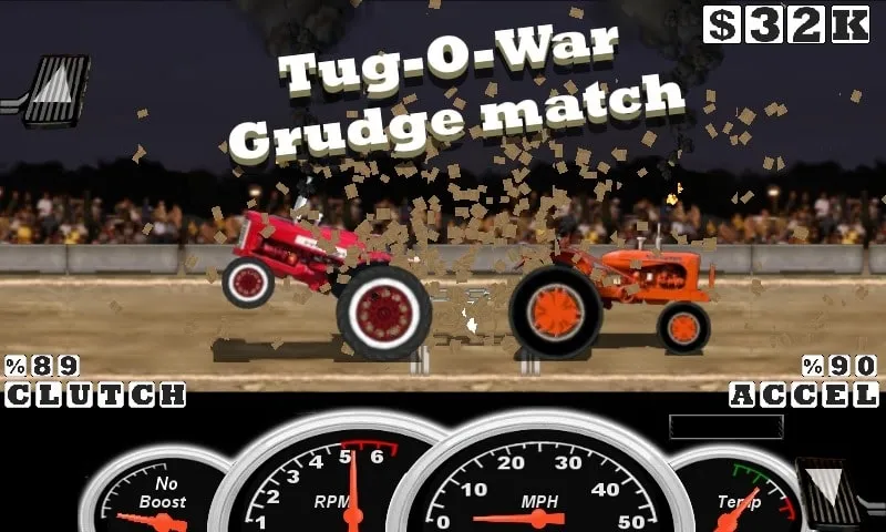 Gameplay Tractor Pull menunjukkan traktor yang sedang menarik kereta luncur.