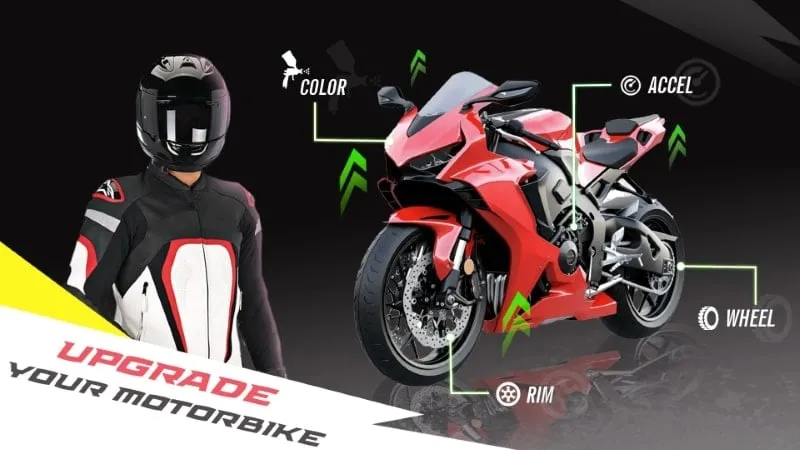 Personalizando uma moto no jogo Traffic Bike Rush Driving City com diferentes peças.