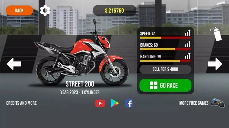 Tangkapan layar gameplay Traffic Motos 3 yang menampilkan mata uang dalam game dan opsi peningkatan.