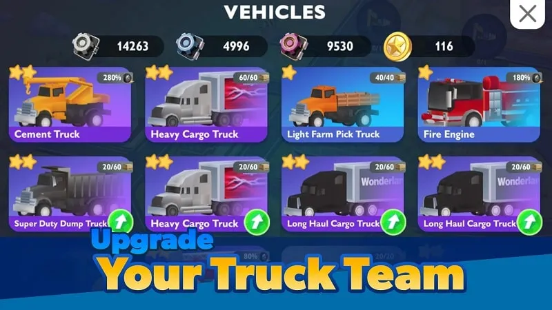 Screenshot dalam game yang menampilkan berbagai pilihan truk yang tersedia untuk transportasi.