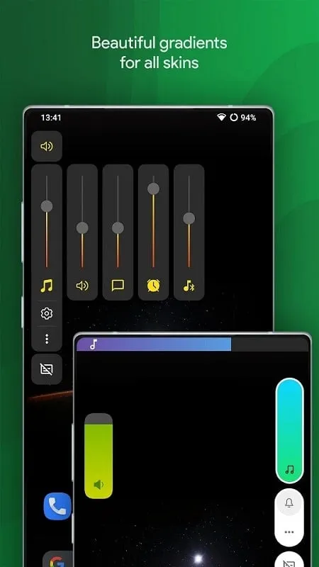 Tampilan berbagai tema dan opsi penyesuaian di Ultra Volume Control Styles mod