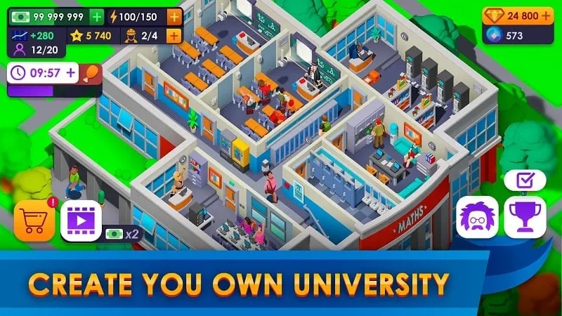 Tangkapan layar antarmuka game University Empire Tycoon yang menunjukkan fitur uang tak terbatas.