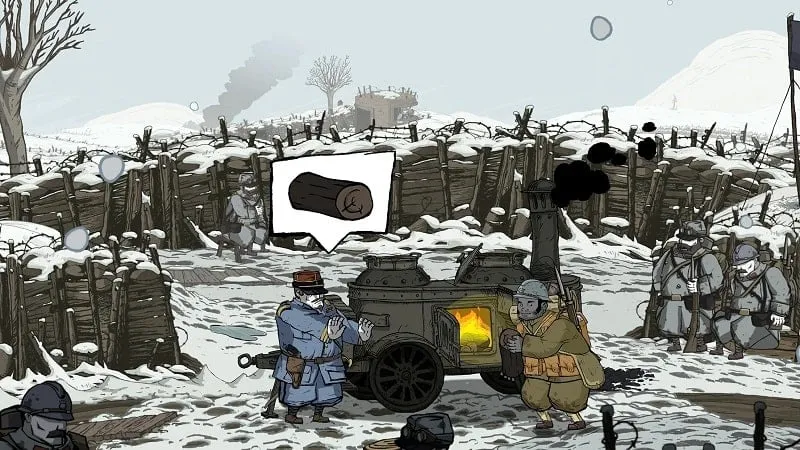 Screenshot da jogabilidade destacando os recursos desbloqueados no Valiant Hearts: Coming Home MOD APK.