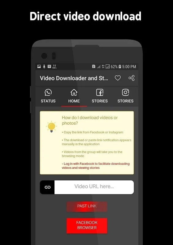 Tampilan antarmuka Video Downloader and Stories mod dengan fitur premium