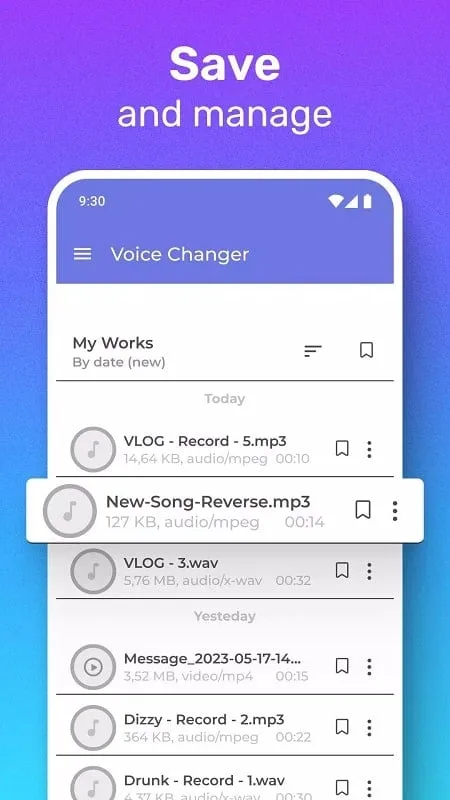 Interfaz del mod Video Voice Changer Effects mostrando varias opciones de efectos de voz