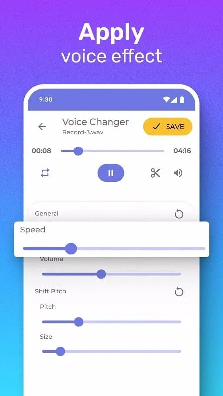 Interfaz del mod Video Voice Changer Effects mostrando la gestión de archivos de audio