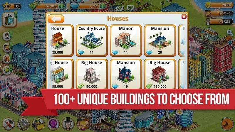 A view of the city in Village Island City Simulation with various buildings and decorations.