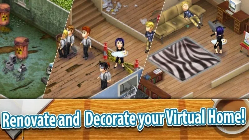 Gameplay Virtual Families 2 menampilkan opsi kustomisasi rumah.