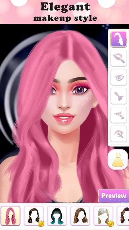 Screenshot dalam game yang menyoroti fitur aplikasi riasan detail di Vlinder Fashion Queen Dress Up.