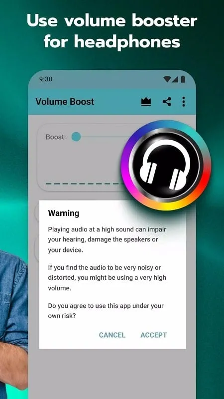 Layar Volume Booster for Android menampilkan status konektivitas headphone