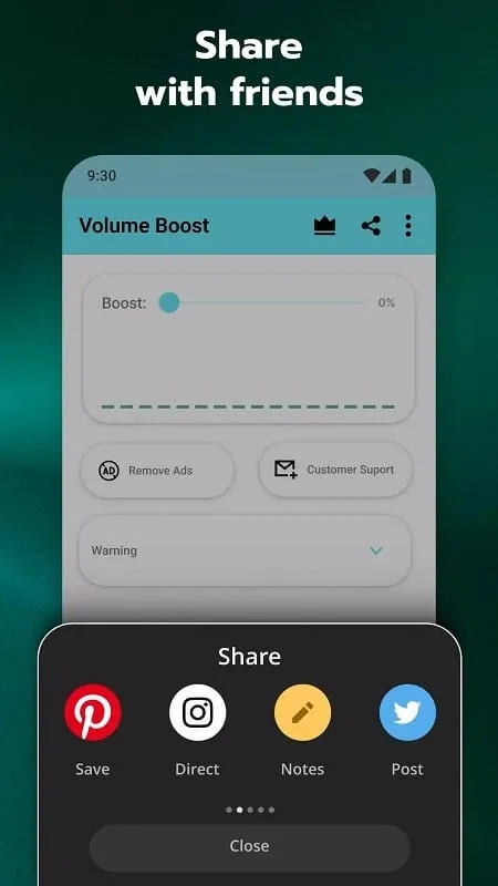 Antarmuka Volume Booster for Android menampilkan pengaturan peningkatan suara