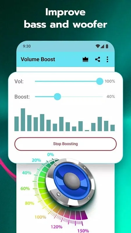 Interfaz de Volume Booster para Android APK que muestra las opciones de personalización