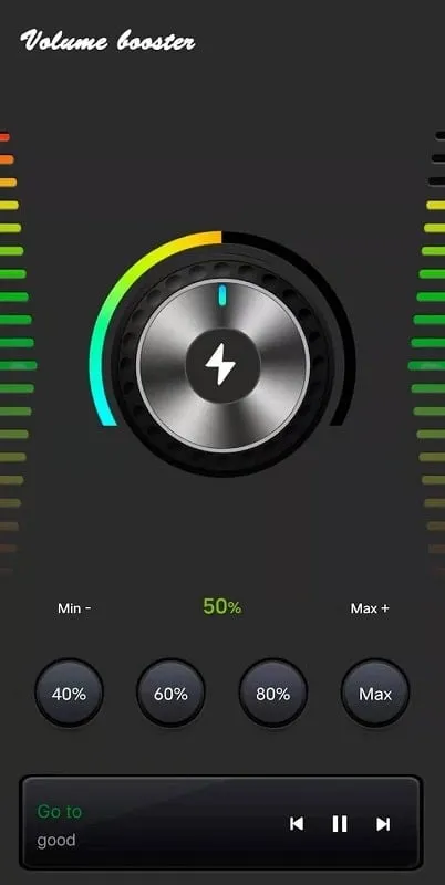 Interfaz del mod Volume Booster Max Pro mostrando funciones premium