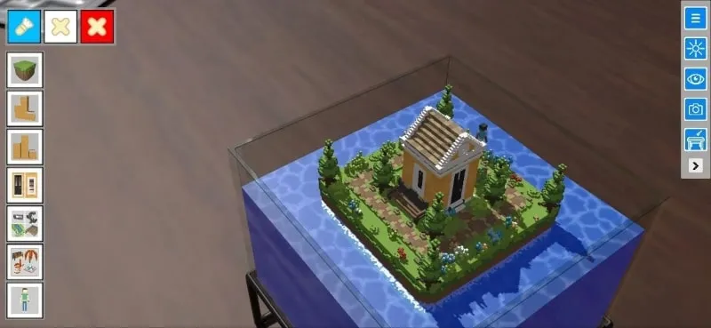 Building a miniature town in VoxelScaper with unlimited resources.