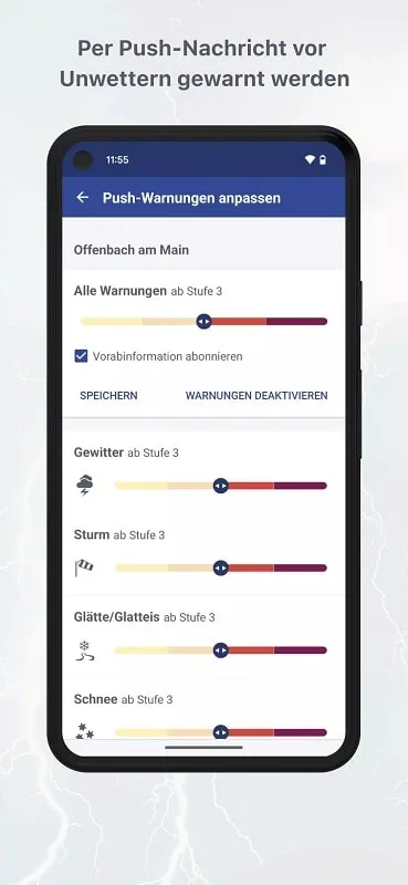 Interface do aplicativo WarnWetter exibindo alertas meteorológicos