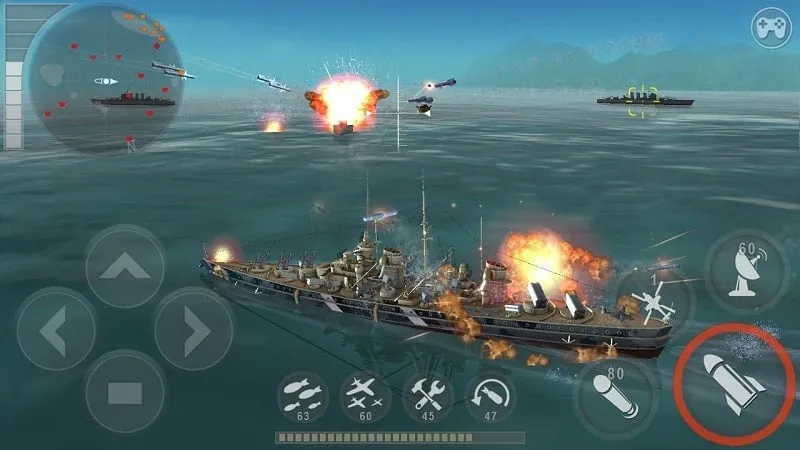 Ảnh chụp màn hình gameplay Warship Battle với tính năng mod được bật.