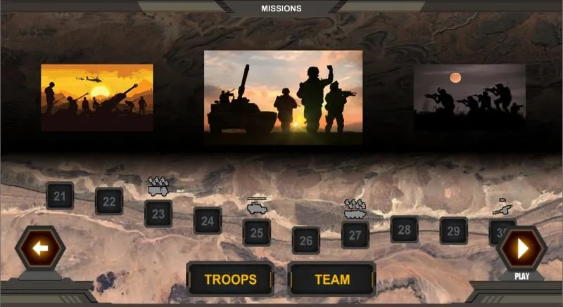 Detailed view of various military units and buildings in the Warzone Commander game interface.