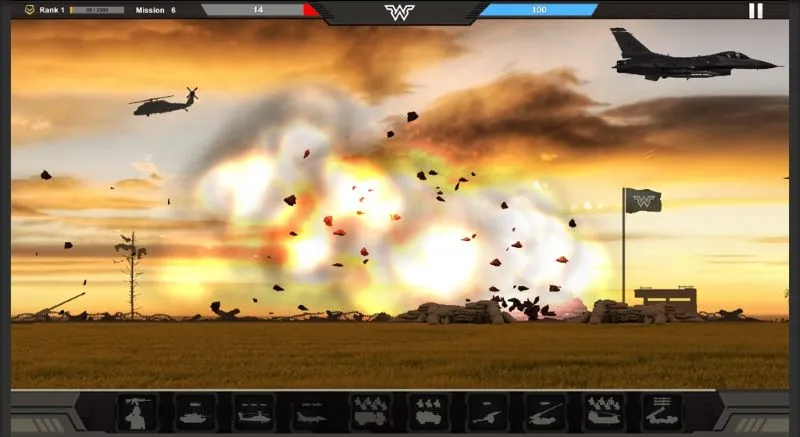 A screenshot showcasing the unlocked features and diverse units available in the Warzone Commander MOD APK.