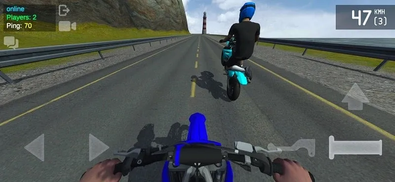 Screenshot gameplay Wheelie Life 2 menampilkan trek balap.