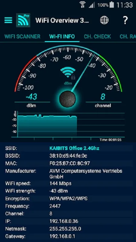 Interface do MOD WiFi Overview 360 Pro exibindo informações da rede