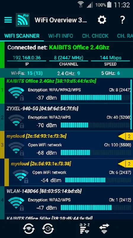 Interface do WiFi Overview 360 Pro MOD mostrando recursos premium