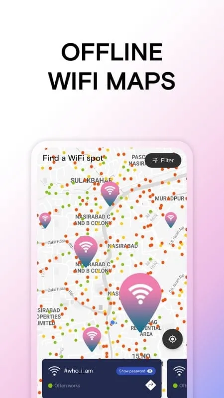 Tampilan antarmuka WiFi Passwords Map Instabridge Mod yang menunjukkan fitur premium