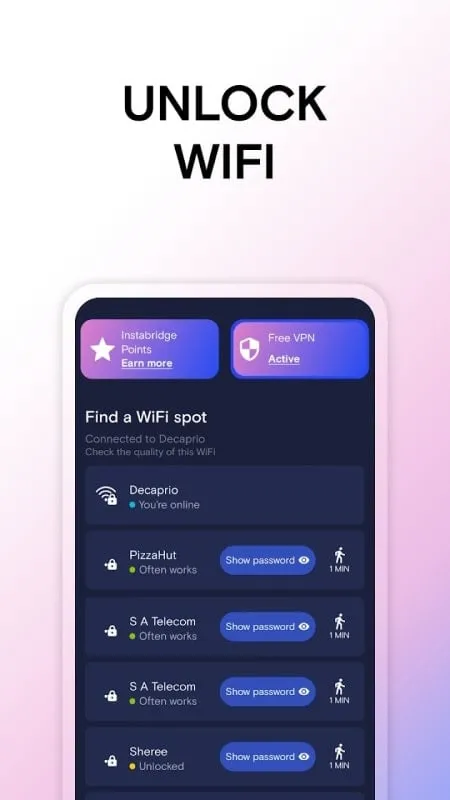 Tampilan peta Instabridge Mod APK yang menunjukkan hotspot Wi-Fi yang tersedia