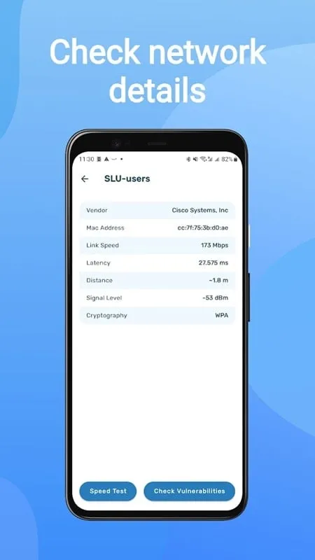 WIFI WPS WPA TESTER mod apk interface displaying speed test results