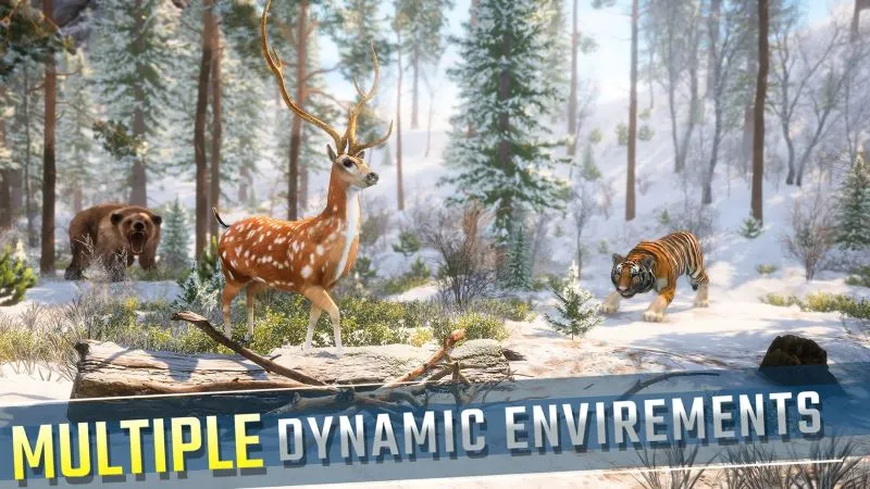 Tangkapan layar yang menampilkan menu MOD di Wild Animal Hunting Games FPS dengan berbagai opsi.